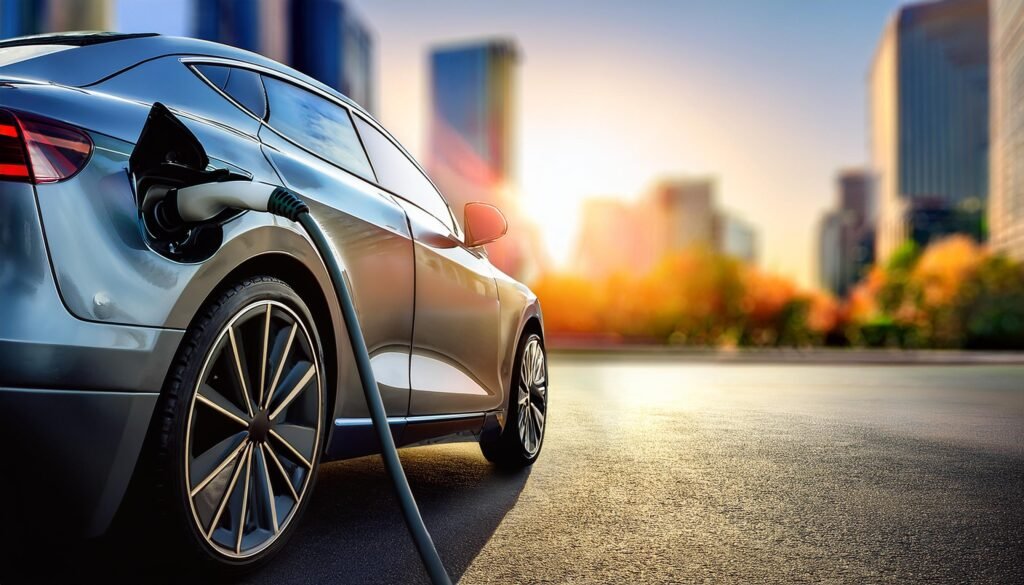 Auto eléctrico siendo recargado, primer plano a la carga, foto realista, en la ciudad